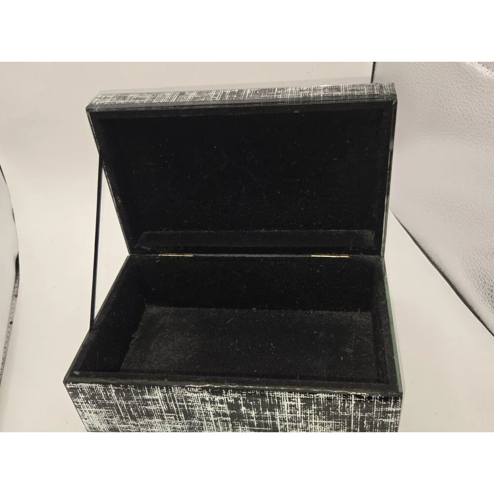 Vintage Glam Speckled Glass Trinket Box Beveled Panels Jewelry Box Silver Black